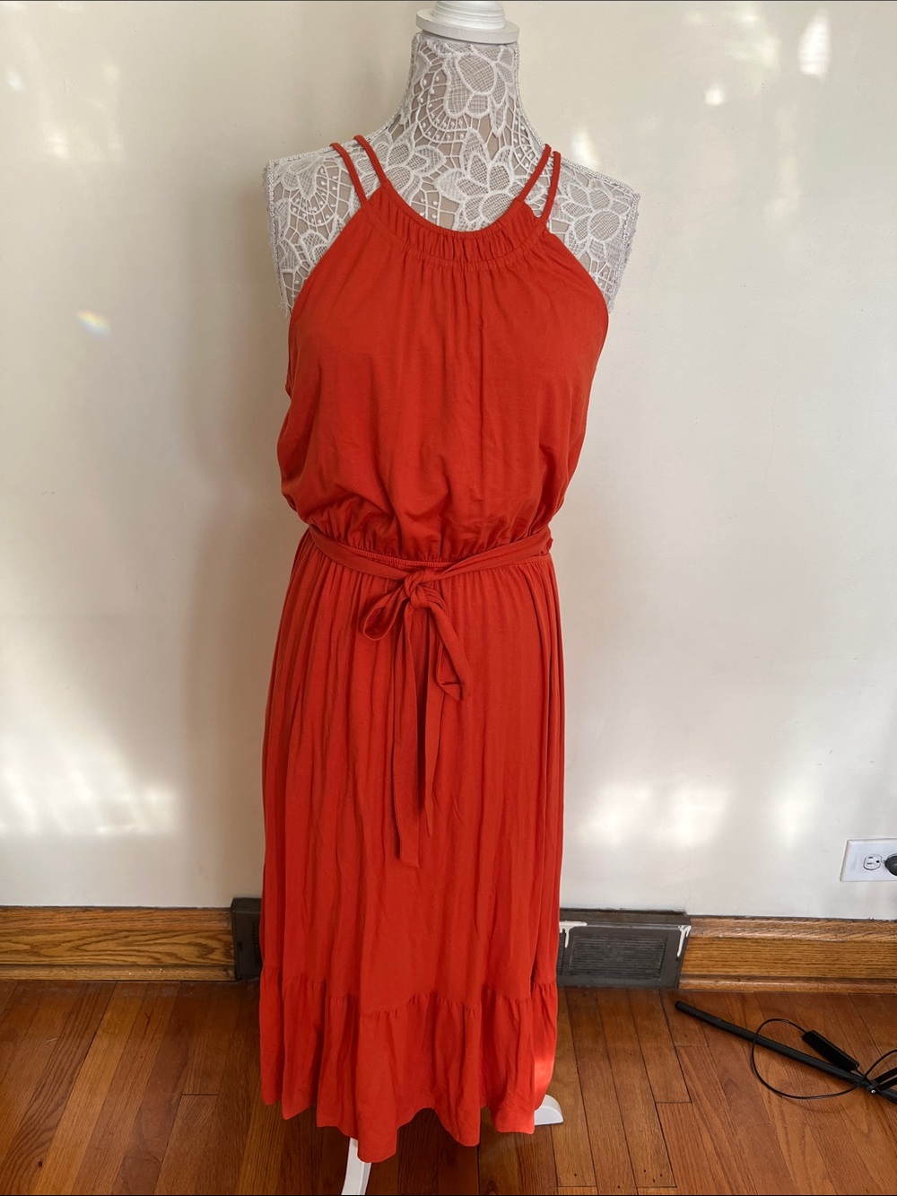 LOFT Red-Orange Halter Maxi Dress with Waist Tie